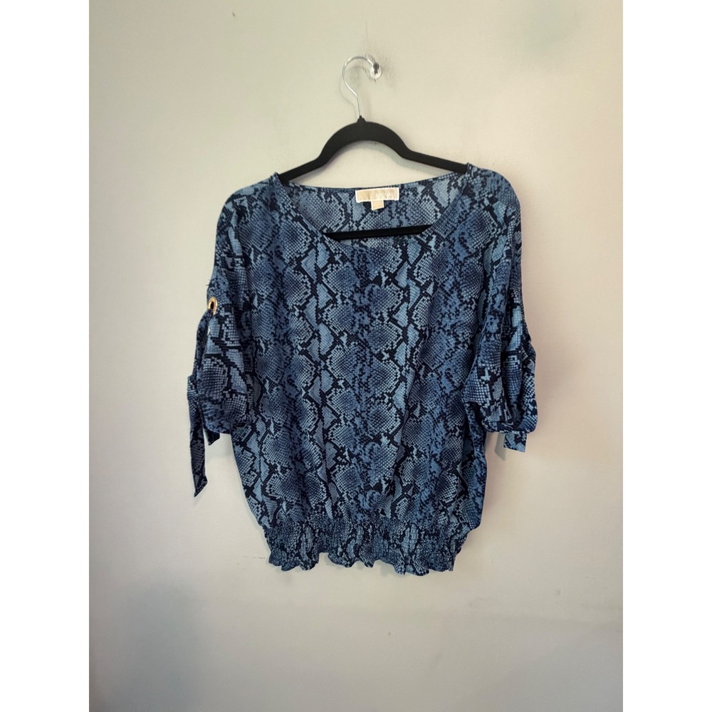 Michael Michael Kors Blue Snakeskin Cold Shoulder Smocked Blouse L